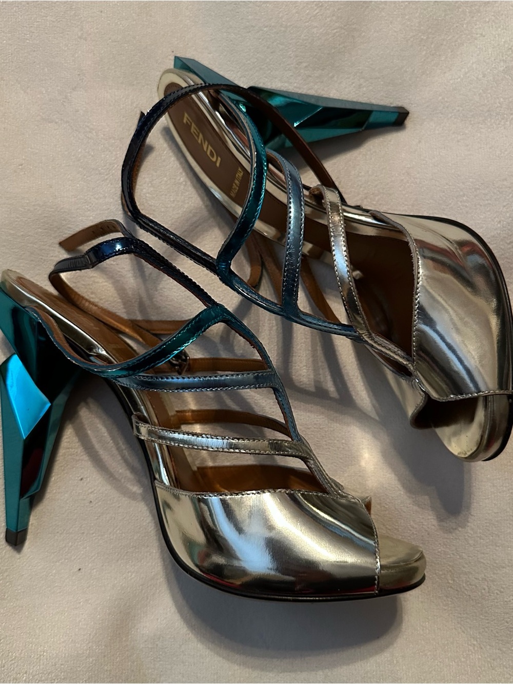 Fendi Silver and Teal Geometric Heel Strappy Sandals
